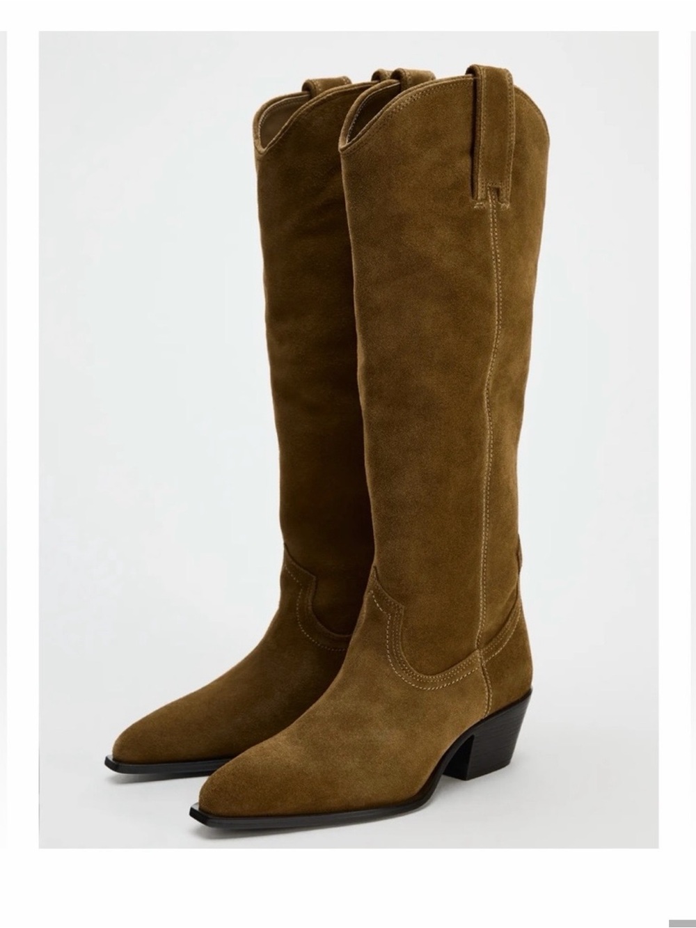 Zara Olive Suede Knee-High Western Heeled Boots